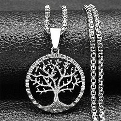 304 Stainless Steel Tree of Life Pendant Box Chain Necklaces for Men, Stainless Steel Color, 23.31 inch(59.2cm)(NJEW-S440-16P)