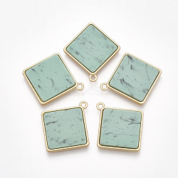Smooth Surface Alloy Pendants, with Resin, Rhombus, Matte Gold Color, Medium Aquamarine, 31x28x3mm, Hole: 2mm(X-PALLOY-T067-05B)