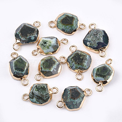 Electroplate Natural Agate Links connectors, with Brass Findings, Dyed, Faceted, Golden, Green, 16~20x9~12x4~8mm, Hole: 2mm(G-T112-05C)
