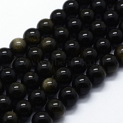 Natural Golden Sheen Obsidian Beads Strands, Round, 8mm, Hole: 0.8mm, about 47pcs/strand,  14.96 inch(38cm)(G-I199-14-8mm)