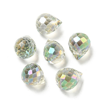 Electroplate Glass Beads, Faceted, Half Rainbow Plated, Teardrop, Lime Green, 9.5x8mm, Hole: 1.2mm