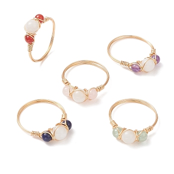 Natural Mixed Gemstone Round Beaded Finger Rings, Light Gold Copper Wire Wrapped Jewelry for Women, Inner Diameter: 20mm