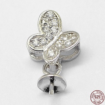 Rhodium Plated 925 Sterling Silver Pendant Bails, for Half Drilled Beads, with Cubic Zirconia, Butterfly, Platinum, 12x7x4.3mm, Hole: 2.5x4.5mm, Pin: 0.63mm