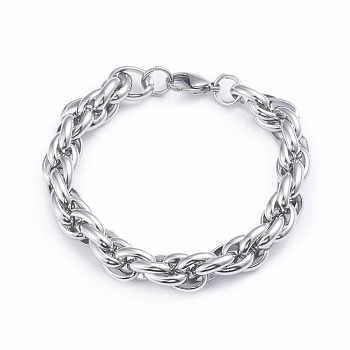 304 Stainless Steel Rope Chain Bracelets, with Lobster Claw Clasps, Stainless Steel Color, 8-5/8 inch(22cm)