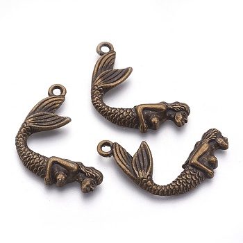 Tibetan Style Alloy Mermaid Pendants, Cadmium Free & Nickel Free & Lead Free, Antique Bronze, 26x33x4mm, Hole: 2.5mm, about 448pcs/1000g