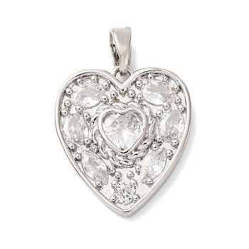 Valentine's Day Brass Pave Clear Cubic Zirconia Pendants, Heart Charms, Platinum, 19x16.5x3mm, Hole: 4.5x2.5mm