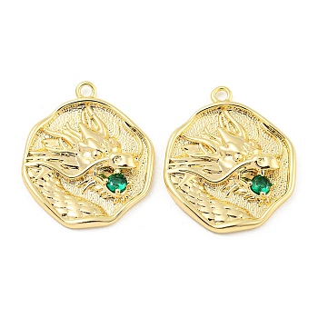 Brass Micro Pave Cubic Zirconia Pendants, Flat Round with Dragon, Green, 23x20x2mm, Hole: 1.6mm