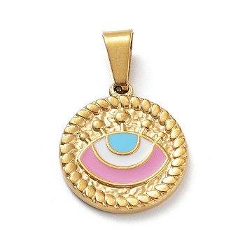 Ion Plating(IP) 304 Stainless Steel Pendants, with Enamel, Golden, Flat Round with Evil Eye Charm, Pearl Pink, 18.5x16.5x2mm, Hole: 7.5x3.5mm