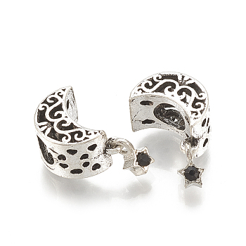 Alloy European Beads, Large Hole Beads, with Rhinestone, Moon and Star, Antique Silver, Jet, 18mm, Hole: 4.5mm