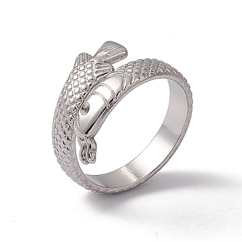 304 Stainless Steel Ring Arowana Fish Wrap Open Cuff Ring for Women, Stainless Steel Color, US Size 7 1/4(17.5mm)