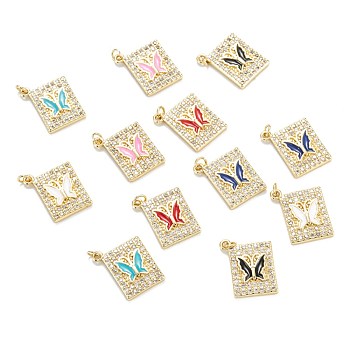 Brass Micro Pave Clear Cubic Zirconia Pendants, with Enamel, Real 18K Gold Plated, Long-Lasting Plated, Rectangle with Butterfly, Mixed Color, 23x19x3.5mm, Hole: 2.4mm