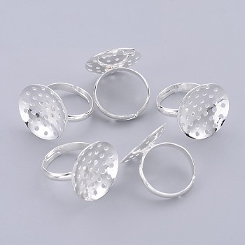 Brass Sieve Ring Bases, Adjustable, Nickel Free, Silver Color Plated,Size: Ring: 19mm in diameter, 3mm wide, Round Tray, 20mm in diameter, 0.4mm thick