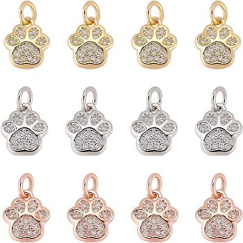 12Pcs 3 Colors Brass Micro Pave Cubic Zirconia Charms, with Jump Ring, Long-Lasting Plated, Footprint, Mixed Color, 10x8.5x2mm, 4pcs/color