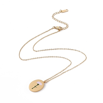 Enamel Oval with Birth Flower Pendant Necklace, Golden 304 Stainless Steel Jewelry for Women, January Carnation, 15.67~16.26 inch(39.8~41.3cm)