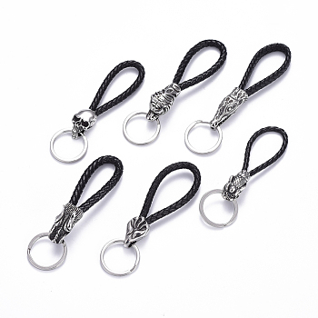 304 Stainless Steel Key Clasps, Split Key Rings, with Black Color Microfiber Leather Cord, Mixed Shapes, Antique Silver & Stainless Steel Color, 80~110mm, Cord Ends: 14.5~37x9.5~18x10.5~20mm, Key Ring: 27.5x2.5mm