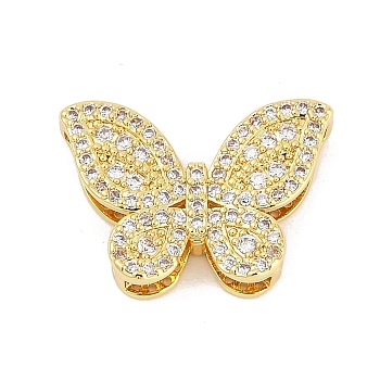 Brass Micro Pave Clear Cubic Zirconia Multi-Strand Links, Butterfly, Real 18K Gold Plated, 14.5x20.5x5.5mm, hole: 9.5x2.5mm, 6X2.5mm and 12.5x2.5mm