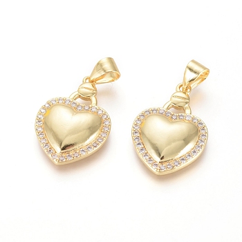 Brass Micro Pave Cubic Zirconia Pendants, Long-Lasting Plated, Heart, Golden, 21x14x3mm, Hole: 5x3mm