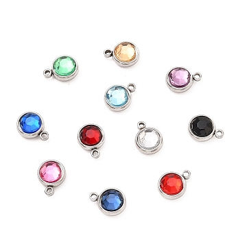304 Stainless Steel Charms, with Acrylic Rhinestone, Birthstone Charms, Faceted, Flat Round, Stainless Steel Color, Mixed Color, 10x8x4mm, Hole: 1.3mm