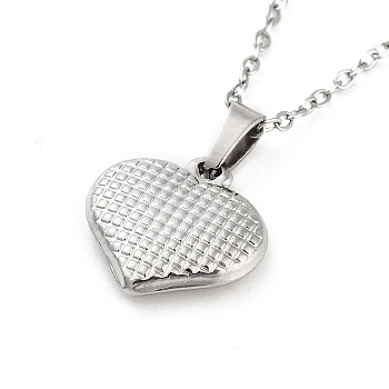Heart with Tartan 304 Stainless Steel Pendant Necklaces, Cable Chain Necklaces for Women, Stainless Steel Color, 15.75 inch(40cm), pendant: 15.5x15.5mm