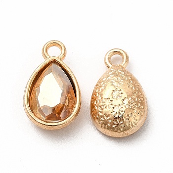 Faceted Glass Rhinestone Pendants, with Golden Tone Zinc Alloy Findings, Teardrop Charms, PeachPuff, 15x9x5mm, Hole: 2mm