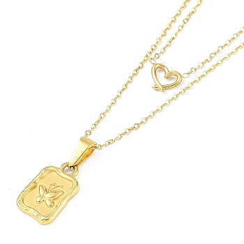 Ion Plating(IP) 304 Stainless Steel Double Layer Heart & Butterfly Pendant Necklaces for Women, Golden, 18.07 inch(45.9cm)