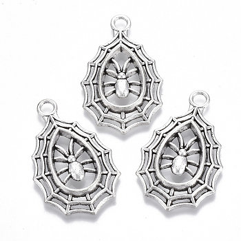 Tibetan Style Alloy Pendants, Lead Free & Cadmium Free, Spiders & Web, Antique Silver, 34.5x21x3.5mm, Hole: 2.5mm