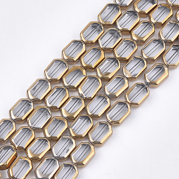Electroplate Glass Beads Strands, Edge Plated, Rectangle, Clear, 9~9.5x6~6.5x3.5mm, Hole: 1mm, about 28pcs/strand, 10.6 inch
