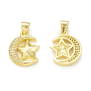 Rack Plating Brass Micro Pave Clear Cubic Zirconia Pendants, Cadmium Free & Lead Free, Long-Lasting Plated, Moon with Star Charm, Real 18K Gold Plated, 16.5x14x2.5mm, Hole: 4x3.5mm
