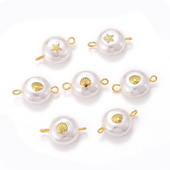 Eco-Friendly Plastic Imitation Pearl Beads Link Connectors, with Alloy Cabochons and Iron Eye Pins, Mixed Pattern, White, 19x12x7mm, Hole: 2mm