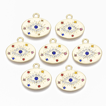 Alloy Pendants, with Colorful Rhinestone, Cadmium Free & Nickel Free & Lead Free, Oval with Eye, Real 18K Gold Plated, 22x23.5x3mm, Hole: 3mm