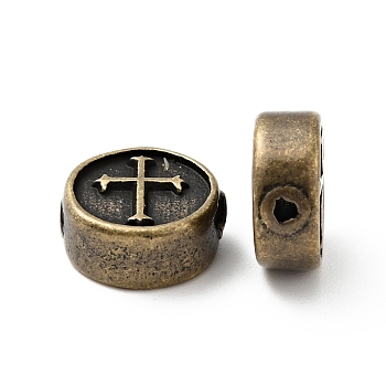 304 Stainless Steel Beads, Flat Round with Cross, Antique Bronze, 10.5x4.5mm, Hole: 1.6mm