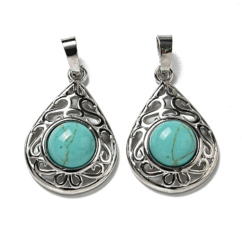 Synthetic Turquoise Pendants, Rack Plating Brass Hollow Teardrop Charms, Cadmium Free & Lead Free, Platinum, 29.5x19.5x7.5mm, Hole: 7.5x5mm