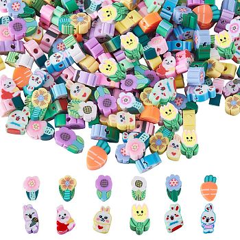 240Pcs 8 Style Cartoon Handmade Polymer Clay Beads, Rabbit/Carrot/Sunflower, Mixed Color, 9~12x4.5~9x4.5~5.5mm, Hole: 1.4~2mm, 20pcs/style