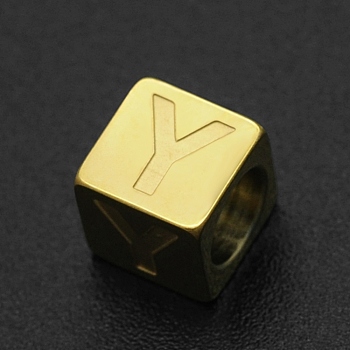 201 Stainless Steel European Beads, Large Hole Beads, Horizontal Hole, Cube, Golden, Letter.Y, 7x7x7mm, Hole: 5mm