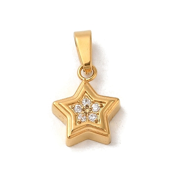 Ion Plating(IP) 304 Stainless Steel Pendants, with Cubic Zirconia, Star Charm, Clear, Golden, 10x8.5x2mm, Hole: 4x2mm