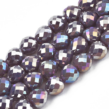 Electroplate Opaque Solid Color Glass Beads Strands, AB Color Plated, Faceted, Strawberry, Purple, 6x6mm, Hole: 1.4mm, about 100pcs/strand, 24.02 inch(61cm)