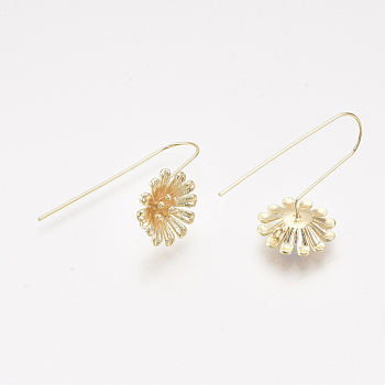 Brass Earring Hooks, with Horizontal Loop, Real 18K Gold Plated, Nickel Free, Flower, 38x16mm, Hole: 1.4mm, Pin: 0.8mm