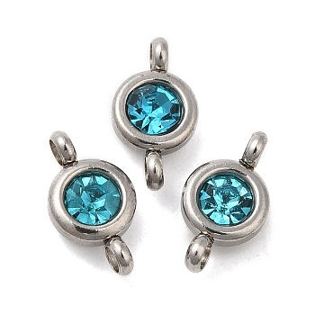 304 Stainless Steel Single Rhinestone Connector Charms, Flat Round Links, Stainless Steel Color, Blue Zircon, 12x6.5x4mm, Hole: 2mm