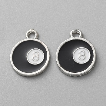 Alloy Enamel Pendants, Flat Round with Snooker Black 8, Platinum, 19.5x15.5x1.5mm, Hole: 2.5mm
