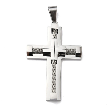 304 Stainless Steel Pendants, Cable Cross Cross Charms, with 201 Stainless Steel Ice Pick Pinch Bails, Stainless Steel Color, 62x40.5x7.5mm, Hole: 10.5x7mm