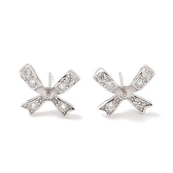 925 Sterling Silver Micro Pave Cubic Zirconia Earring Settings Findings, for Half Drilled Beads, Bowknot, Real Platinum Plated, 11x13mm, Pin: 0.8x10mm