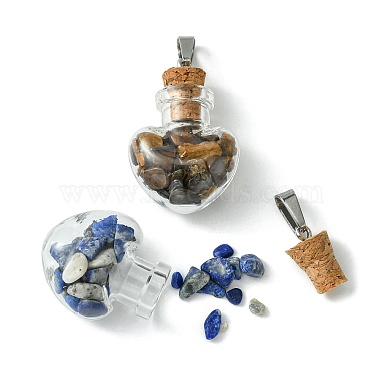 7Pcs 7 Styles Natural & Synthetic Mixed Stone Chip Heart Glass Wishing Bottle Pendants(PALLOY-JF02502)-4