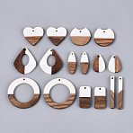 16Pcs 8 Styles Opaque Resin & Walnut Wood Pendants, Mixed Shapes Charms, Floral White, 21.5~49.5x4.5~38.5x2.5~4mm, Hole: 1.8~2mm, about 8 Styles(RESI-N053-23)