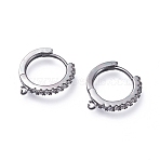 Brass Micro Pave Cubic Zirconia Huggie Hoop Earring Findings, with Horizontal Loops, Ring, Clear, Gunmetal, 15.5x14.5x2mm, Hole: 1mm, pin: 0.9mm(ZIRC-G156-07B)
