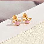 Stainless Steel Enamel Crown Stud Earrings, with Clear Cubic Zirconia, Golden, Pink, 11x8mm(JB5965-5)