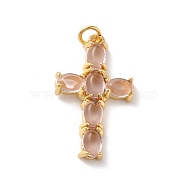 Rack Plating Brass Micro Pave Cubic Zirconia Pendants, Cadmium Free & Lead Free, Real 18K Gold Plated, Cross, Rosy Brown, 28x17x4mm, Hole: 3.4mm(X-KK-A160-02G)