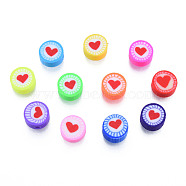 Handmade Polymer Clay Beads, Flat Round with Heart, Mixed Color, 9.5~10x4.5~5mm, Hole: 1.6mm(CLAY-N011-67)