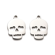 Halloween 316 Surgical Stainless Steel Charms, Laser Cut, Skull Charm, Stainless Steel Color, 15x11x1mm, Hole: 1.6mm(STAS-H190-13P-01)