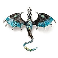 Dragon Enamel Pins, Antique Silver Alloy Rhinestone Brooch, Deep Sky Blue, 61x70.5x10.5mm(X-JEWB-Q031-08AS-01)