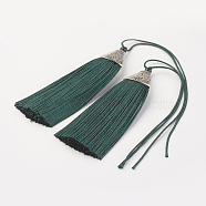 Nylon Tassels Big Pendant Decorations, with CCB Plastic, Antique Silver, Teal, 85~90x20x10.5mm(X-HJEW-G010-A23)